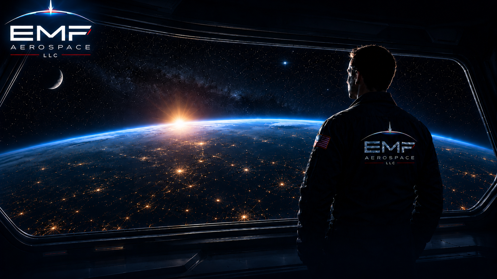 Mike Fincke looking out at Earth from the International Space Station window, EMF Aerospace LLC